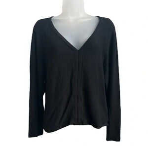 Anthropologie Long Sleeve Top Black Waffle Knit V-Neck Textured, Size Medium